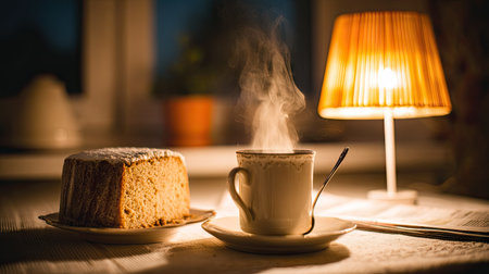 A steaming cup of coffee and a slice of cake are presented on a table, with a lit lamp. The scene is illuminated by warm lighting, creating a cozy and inviting ambiance. Suitable for illustrating relaxation, enjoyment, and moments of peace in various commercial and editorial contexts.の素材