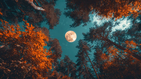 An upward perspective captures the full moon encircled by the silhouettes of tall trees with colorful foliage. The composition showcases a dark teal sky contrasting with the warm tones of the trees. The image's lighting enhances the textures, suitable for various editorial and promotional purposes.の素材