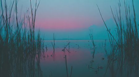 A tranquil waterscape is presented, showcasing reeds framing a lake under a colorful dawn sky. The composition emphasizes natural beauty with contrasting cool and warm hues. This imagery is suitable for various applications, including editorial content, design projects, and decorative purposes.の素材