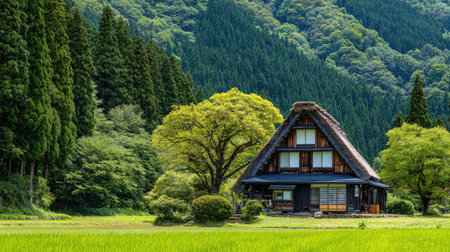 A picturesque scene features a classic Japanese house with a unique thatched roof. The house is surrounded by vibrant green trees and a field, set against a backdrop of a forested mountain. The lighting suggests a bright, sunny day, ideal for various commercial and editorial projects.の素材