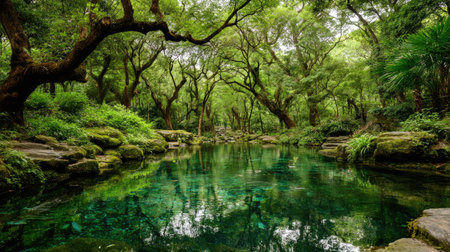 A picturesque landscape showcases a calm lake reflecting a vibrant forest. The image features a rich palette of greens, with textured leaves and branches. Overhead lighting creates highlights and shadows. The composition suggests a natural environment suitable for various commercial and editorial applications.の素材
