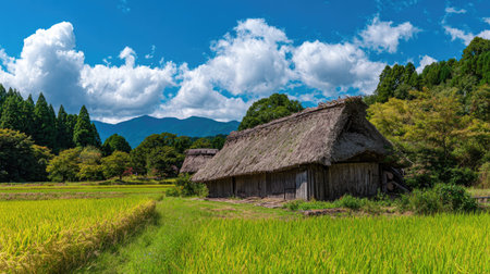 A traditional farmhouse with a thatched roof stands in a lush rice field. The scene is bathed in sunlight, with vibrant green and yellow hues contrasting against the blue sky and fluffy clouds. The composition suggests a rural setting, ideal for commercial uses.の素材
