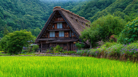 A traditional wooden house with a thatched roof stands in a vibrant green landscape. The image showcases the architecture with surrounding trees, plants, and rice fields. The sunlight illuminates the scene, suggesting a daytime setting. It is suitable for commercial uses, including travel and cultural publications.の素材