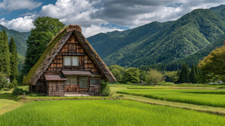 An A-frame house with a thatched roof stands in a field. Lush green grass and trees surround the structure. Mountains form a backdrop under a cloudy sky. This image evokes a sense of tranquility. Suitable for travel, tourism, or environmental themes.の素材