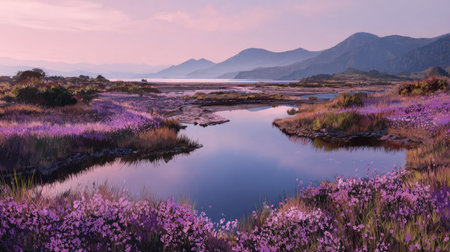A serene landscape features a body of water reflecting the sky and surrounding hills. Purple flowering plants line the water's edge and grow on the terrain. The soft lighting suggests either sunrise or sunset. This scene could be used for nature publications, travel promotions, or environmental projects.の素材