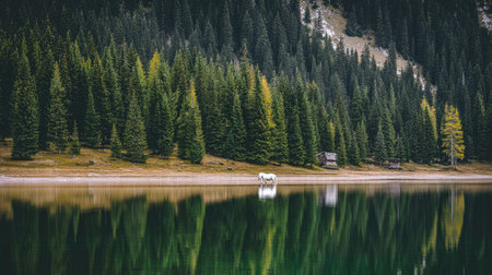 A scenic landscape showcases a white horse standing beside a calm lake with lush green forest in the background. The image features natural colors, detailed textures, and a balanced composition. It evokes a sense of peace and tranquility suitable for travel, nature, or environmental themes. Ideal for commercial applications.の素材