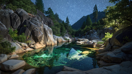 A nighttime landscape presents a calm river reflecting a star-filled sky. Jagged rock formations frame the water, complemented by evergreen trees and lush vegetation. The scene features deep blues, greens, and reflections. Suitable for editorial purposes and artistic applications, it evokes a sense of peace and natural beauty.の素材