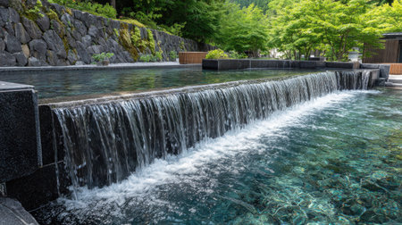 A clear pool of water cascades over a stone ledge. The image depicts the water's flow and the surrounding stone wall, with lush green trees in the background. The scene is illuminated by daylight, suggesting a natural and serene environment. This image could be used for various commercial or editorial purposes, promoting relaxation and nature.の素材