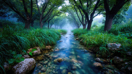 A river winds through a verdant forest, with trees arching overhead creating a canopy. The scene is filled with shades of green, with water reflecting the sky. The sunlight filters through the trees. This image may be suitable for environmental, travel, or nature-related projects.の素材
