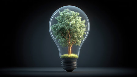 A tree flourishes inside a transparent light bulb, set against a dark backdrop. The image displays a vibrant green tree with lush foliage, contrasted by the bulb's clarity. The composition utilizes soft lighting. Suitable for illustrations promoting ecological concepts and environmental responsibility, as well as educational materials.の素材