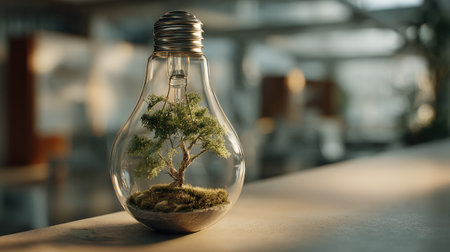 A close-up captures a small tree thriving inside a transparent lightbulb, set against a blurred background. The image showcases a natural ecosystem within an artificial object. The composition is well-lit, with soft focus, potentially suitable for promotional material related to sustainability and ecological themes, and commercial projects.の素材