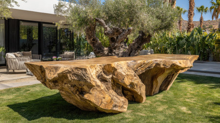 An outdoor scene features a large, uniquely shaped wooden table centerpiece. The table, brown in color with rough texture, sits on a green lawn. Above the table is an olive tree. The composition uses natural light. The image has potential uses in lifestyle, design, or commercial projects.の素材