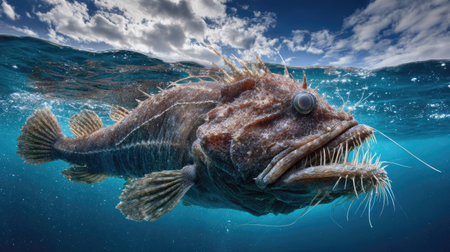 A detailed image displays an unusual fish swimming in a marine environment. The fish features spiky fins and prominent teeth. The composition shows the creature submerged in blue water, under a partly cloudy sky. This image may be suitable for scientific publications or educational resources and can also be used in commercial projects.の素材