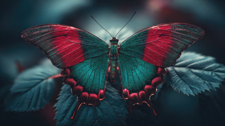 A butterfly with intricate wing patterns is shown, showcasing a blend of green and red hues. The insect rests on leaves in an outdoor setting. The image uses shallow depth of field, blurring the background. Suitable for various projects, it is ideal for illustrative or decorative uses.の素材