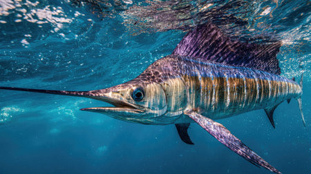 A majestic sailfish glides effortlessly through the crystal-clear ocean depths, captured in a vibrant underwater photograph. The image showcases the fish's sleek form and distinctive sail fin with a composition highlighting the aquatic environment. Suitable for a variety of editorial and commercial applications.の素材