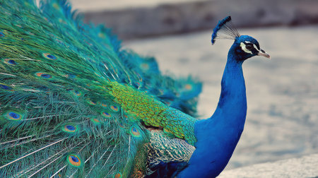 A striking peacock showcases its colorful feathers in this image. The bird's blue, green, and gold plumage is richly detailed. A soft, out-of-focus backdrop suggests an outdoor setting, possibly during the daytime. This image is suitable for a variety of editorial or commercial purposes.の素材