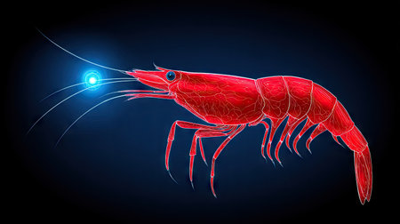 A close-up illustration depicts a luminous red shrimp against a dark blue backdrop. The image showcases the shrimp's detailed anatomy, highlighted by a glowing eye. The composition features strong lighting and color contrast, suggesting a digital artwork suitable for a variety of creative and commercial applications.の素材