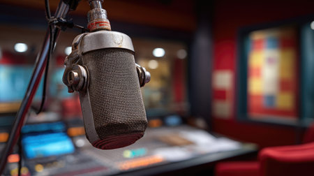 A close-up view presents a classic microphone, likely for recording purposes. The studio environment features muted reds and warm tones, indicating an indoor setting. The composition suggests the potential for professional broadcast, podcasting, or other related audio projects. This image could be used for editorial and commercial applications.の素材