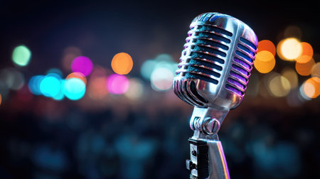 A close-up of a classic microphone dominates the frame, showcasing its metallic details. The background features a vibrant array of blurred, circular lights suggesting a performance setting. This image presents potential use in media, music, or entertainment related projects. The lighting creates a dynamic visual impact.の素材