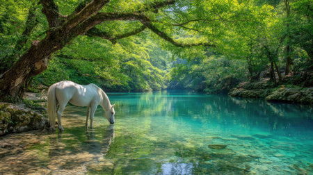 A white horse is shown drinking from a tranquil, turquoise river, under the shade of a large tree with vibrant green foliage. The scene features a natural environment with bright sunlight filtering through the leaves. This image may be suitable for a variety of editorial or commercial purposes.の素材