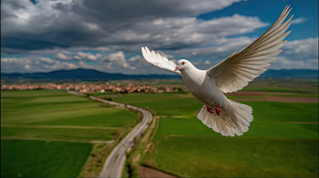 A white dove soars in mid-air against a backdrop of green fields and a winding road. The image displays a bright day with a cloudy sky. Its open wings and graceful form create an impression of freedom. Suitable for various editorial and commercial purposes.の素材