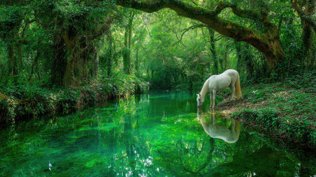 A white horse is pictured drinking from a vibrant green stream in a lush, green forest. The scene features detailed textures in the foliage and water, with the composition and lighting creating a serene atmosphere. This image could be used for various commercial and editorial projects.の素材
