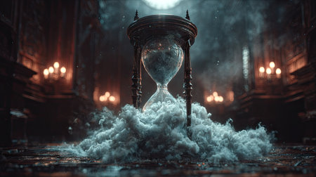 An hourglass, resting on a mass of vapor, is the central focus in a dimly lit gothic interior. Soft light from candles and other sources create atmospheric ambiance. The composition emphasizes detail, highlighting the contrast of light and shadow. Suitable for illustration, editorial, or commercial use.の素材
