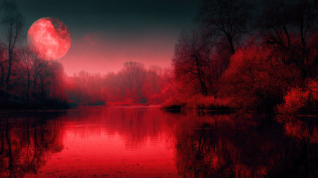 A striking scene features a large red moon dominating the sky above a river and silhouetted trees. The image uses a monochromatic red color scheme, creating a mysterious and captivating atmosphere. This artistic composition suggests potential use for editorial content and creative projects.の素材