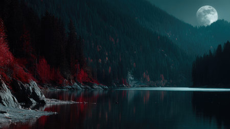 A tranquil night scene displays a lake surrounded by mountains and dense forests. The composition features a full moon casting a soft glow. Color is dominated by dark tones with hints of red. This image could be suitable for various commercial or artistic applications.の素材