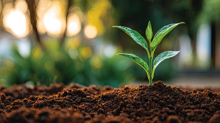 A close-up captures a young plant emerging from soil. The image showcases the sprout's green leaves and textured, brown soil. Soft, blurred foliage forms the backdrop. The lighting suggests daytime. The photograph is suitable for illustrating themes like growth and environmental topics for commercial use.の素材