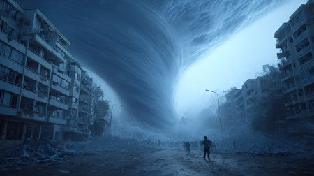 A colossal tornado looms over a city, creating a scene of atmospheric chaos. The buildings are silhouetted against the dark sky, suggesting a post-apocalyptic setting. The image uses cool colors with dramatic lighting to convey power and disaster. Suitable for illustrating severe weather events and disaster themes.の素材