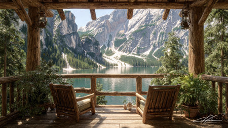 Two wooden chairs sit on a rustic porch, framing a stunning view of a mountain range reflected in a calm lake. The scene is illuminated by soft daylight, revealing lush evergreen trees and rocky terrain. This serene vista suggests potential use for travel, nature, or lifestyle publications.の素材
