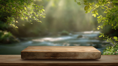A wooden table is positioned in the foreground with a blurred background of a river and trees. Sunlight streams down creating a bright backdrop. The composition features green foliage and wood textures. Suitable for advertising, product showcasing, and editorial projects requiring a natural aesthetic.の素材