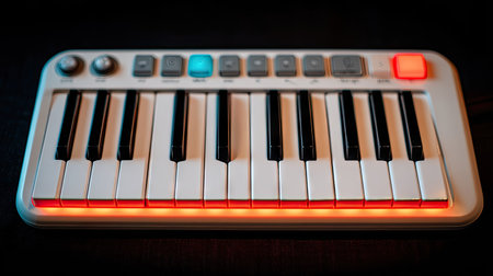 This image showcases a compact electronic keyboard with illuminated keys and control elements. The instrument displays a modern design with vibrant lights against a dark background. It exhibits a close-up perspective, highlighting its features and suitability for various projects. This could serve as a visual element in projects related to music, technology, or creative endeavors.の素材