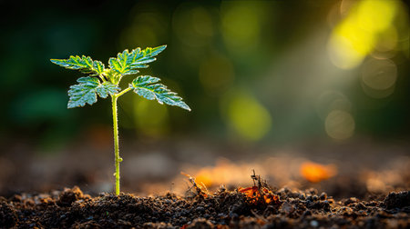 A close-up captures a small plant emerging from dark soil, displaying vibrant green leaves. The composition highlights the plant against a blurred, sunlit background of varying greens and yellows. The image offers potential uses in environmental, educational, or commercial contexts. It evokes concepts of growth and renewal.の素材