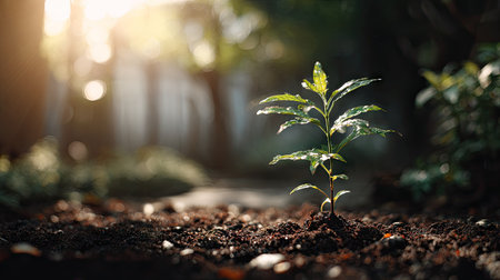 A close-up captures a small plant emerging from dark soil, illuminated by bright sunlight. The image showcases green leaves, contrasting with the brown earth. Soft focus and bokeh create depth, suggesting an outdoor setting. The scene could be used for various projects related to nature or environmental themes.の素材