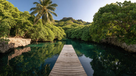 A wooden pier extends over a tranquil lagoon surrounded by dense green vegetation. The scene displays clear turquoise water reflecting the sky and the surrounding trees, bathed in natural light. The composition features a symmetrical layout with the pier leading the eye, suitable for travel or nature-themed publications.の素材