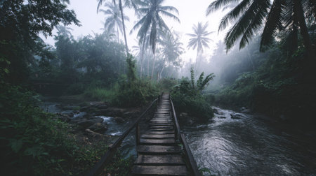 A wooden bridge extends over a flowing stream amidst a verdant forest. The scene features lush greenery and towering trees, enveloped in atmospheric mist. The image captures a serene natural setting, possibly suitable for editorial and commercial applications requiring imagery of landscapes and nature.の素材