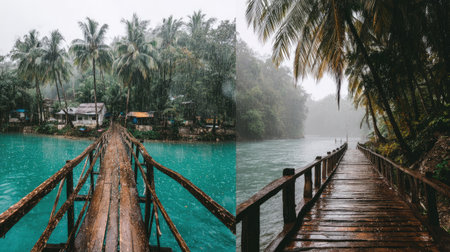 A wooden bridge extends over vibrant turquoise and brown water, leading towards lush palm trees and a verdant forest. The image showcases natural textures with a focus on contrasting colors and a low-angle perspective, creating a scenic view. Suitable for travel articles, environmental themes, or commercial projects emphasizing natural beauty.の素材