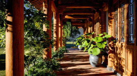 A long, wooden porch features rows of pillars and a roof, framing a path lined with potted plants. Sunlight streams across the wood, creating shadows and highlighting textures. Green foliage and trees are visible beyond the structure. The scene evokes a sense of tranquility and could be used for architectural or lifestyle projects.の素材