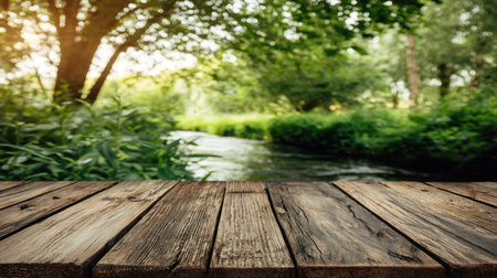 A wooden table is in focus, with a blurred natural scene as background. The image showcases a forest with a river, with lush green vegetation. Overhead sunlight creates highlights. The composition and color palette suggest commercial applications, perfect for showcasing goods or products.の素材