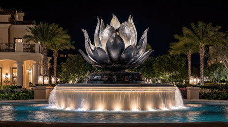 A striking lotus flower fountain is the focal point, illuminated at night. Water cascades gracefully into a pool. The composition includes a building facade and palm trees. The scene is lit, suggesting an outdoor setting. Suitable for various editorial and commercial applications.の素材