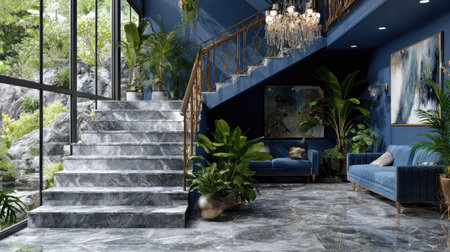 A grand interior showcases a marble staircase and a vibrant display of indoor plants. The composition features a blue wall and a seating area bathed in soft light. This image captures a modern aesthetic with elements of luxury and design, suitable for architectural or lifestyle projects.の素材