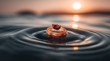 An ornate ring with a floral embellishment rests delicately atop rippling water. The image displays warm tones of orange and gold, accentuated by the soft light of a setting sun. The composition is focused on the ring, suggesting concepts of love or commitment. This visual could be used in advertising or editorial designs.の素材
