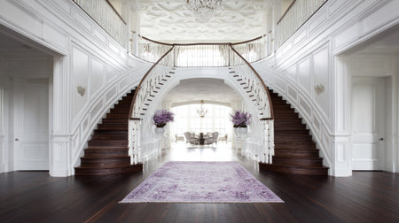 A view of a luxurious grand entryway with a sweeping staircase. The composition features white walls and ceilings contrasted by dark wooden floors and stairs. The scene is illuminated with overhead lighting. Suitable for use in projects about interior design and architecture, offering a sense of opulence.の素材