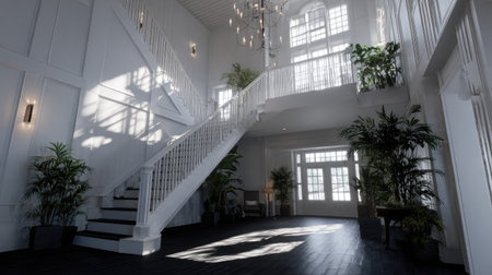 An interior space features a bright white aesthetic with a prominent staircase. Sunlight streams through large windows, illuminating the space. The composition includes potted plants. This image might be suitable for architectural design, interior design publications, or commercial applications.の素材