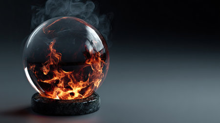 A glass sphere encases flames, resting on a dark base with wisps of smoke rising. The composition features a shallow depth of field, with the focus on the sphere against a dark background. The lighting is dramatic with highlights and shadows. This visual could be used for conceptual, decorative, or design purposes.の素材