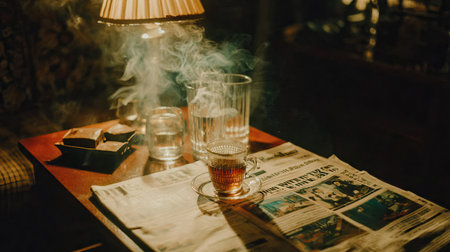 A dimly lit interior scene showcases glasses, newspaper, and a lit lamp emitting smoke. The composition features a wooden table with a vintage style, a newspaper, and glasses containing liquids. The warm tones and soft light suggest a cozy, atmospheric environment suitable for various commercial or editorial applications.の素材