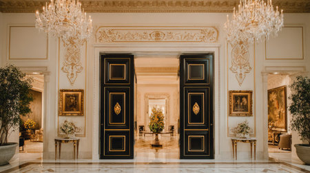 An interior shot features an ornate entryway with large black doors, framed by decorative columns and a detailed ceiling design. Two large crystal chandeliers illuminate the space. The composition shows framed artwork, potted plants and mirrors, suggesting a luxurious and refined environment suitable for various commercial uses.の素材