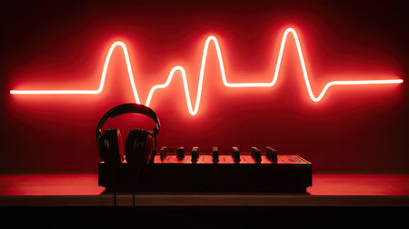 A pair of headphones and an audio control panel are centered in front of a glowing red waveform. The minimalist composition features a stark contrast of light and shadow on a dark surface. The image is suitable for use in design, technology, or music-related commercial projects.の素材